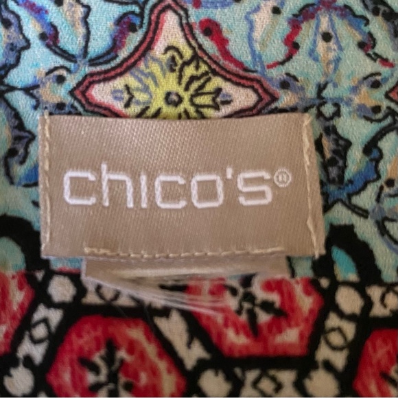 Chicos Multicolor Patchwork Print Flutter Sleeve Buttoned Peplum Top - Picture 5 of 5